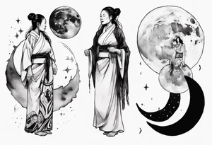 a 50-year-old indigenous woman wearing black and white robes standing on the moon tattoo idea