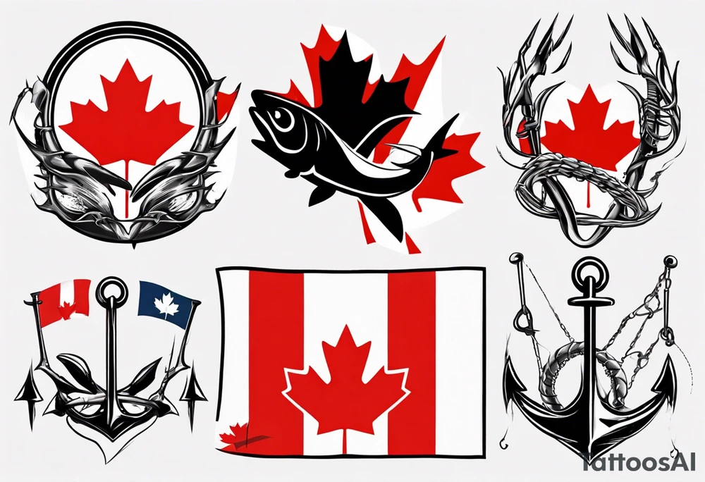 Canadian flag with crossed fish hooks tattoo idea
