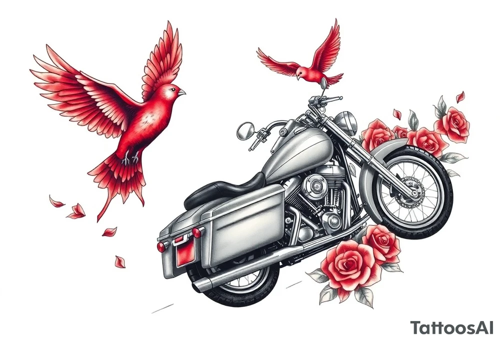Harley grey motorcycle driving away, two red birds flying, roses, flames, angel wings tattoo idea