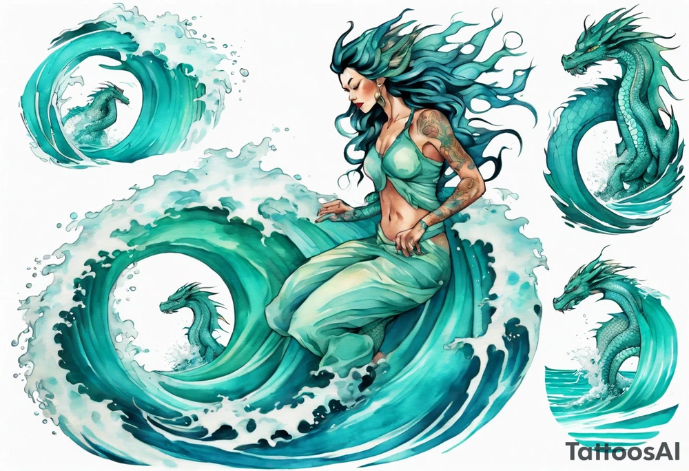 a beautiful turquoise dragon woman emerging from an ocean wave, crashing onto the shore tattoo idea