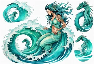 a beautiful turquoise dragon woman emerging from an ocean wave, crashing onto the shore tattoo idea