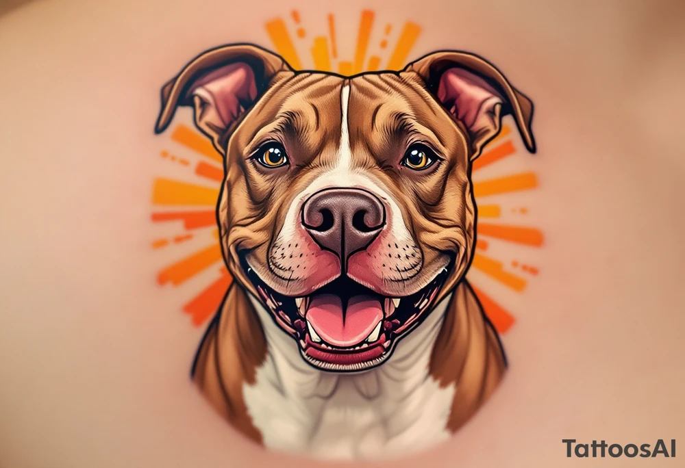 Portrait of a smiling pitbull, soft brown fur and white chest, playful expression, set against a sunburst background in warm orange tones. tattoo idea