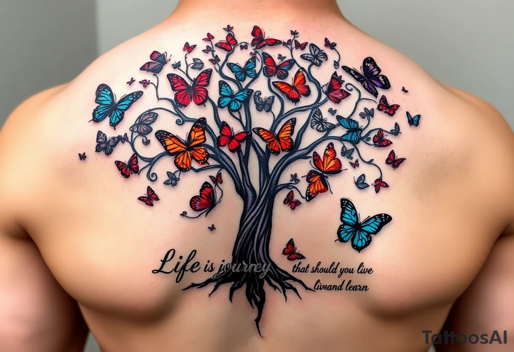 Colorful realistic tree of life with colors purple,red, turquoise,gray , black with 23 beautiful colorful butterflies and the words" Life is a journey that you should live and learn from. tattoo idea