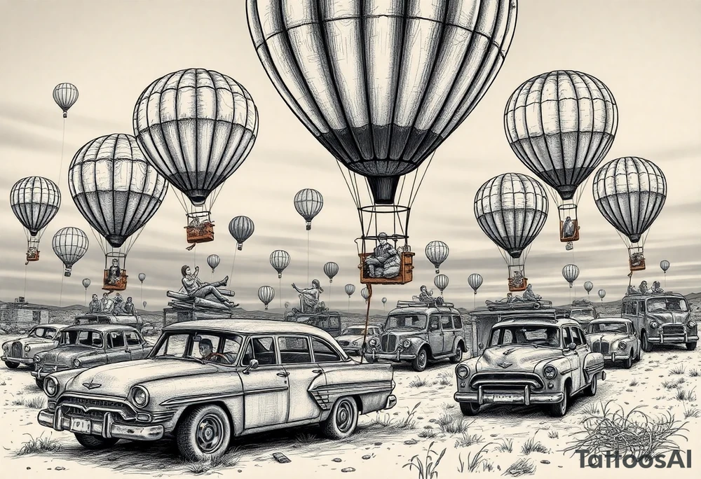 in a very steam punk vibe i want you to make a picture of a bunch of old beat up cars with people lounging in them and garbage and junk all up in and on them, tied to hot air balloons floating in the sky right about dusk and they are as far as the eye can see i want the cars to be floating as if they were the basket to the hot air balloons tattoo idea