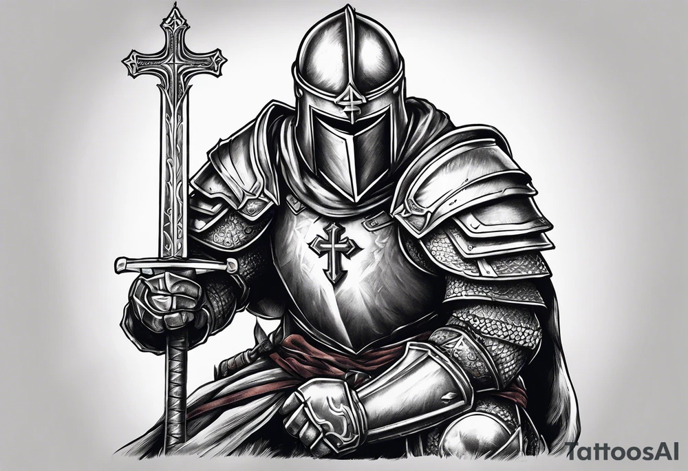 Crusader warrior holding a sword and wearing a cross on their armor, kneeling tattoo idea