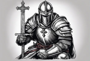 Crusader warrior holding a sword and wearing a cross on their armor, kneeling tattoo idea