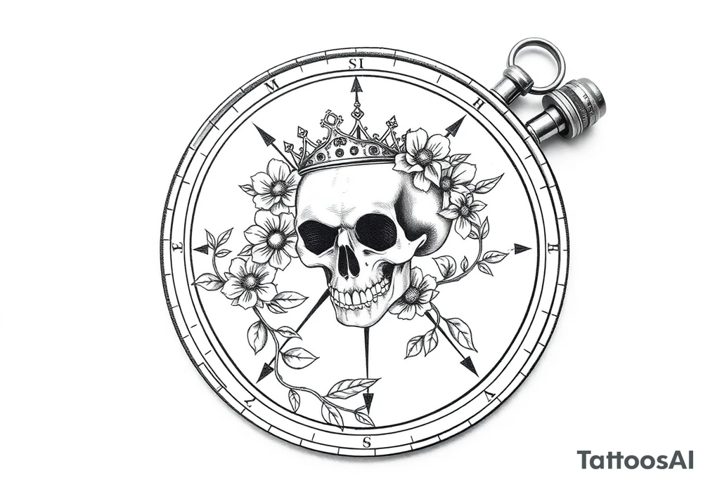 Compass with detailed beautiful gothic boho flowers on vine and skull with gorgeous crown tattoo idea