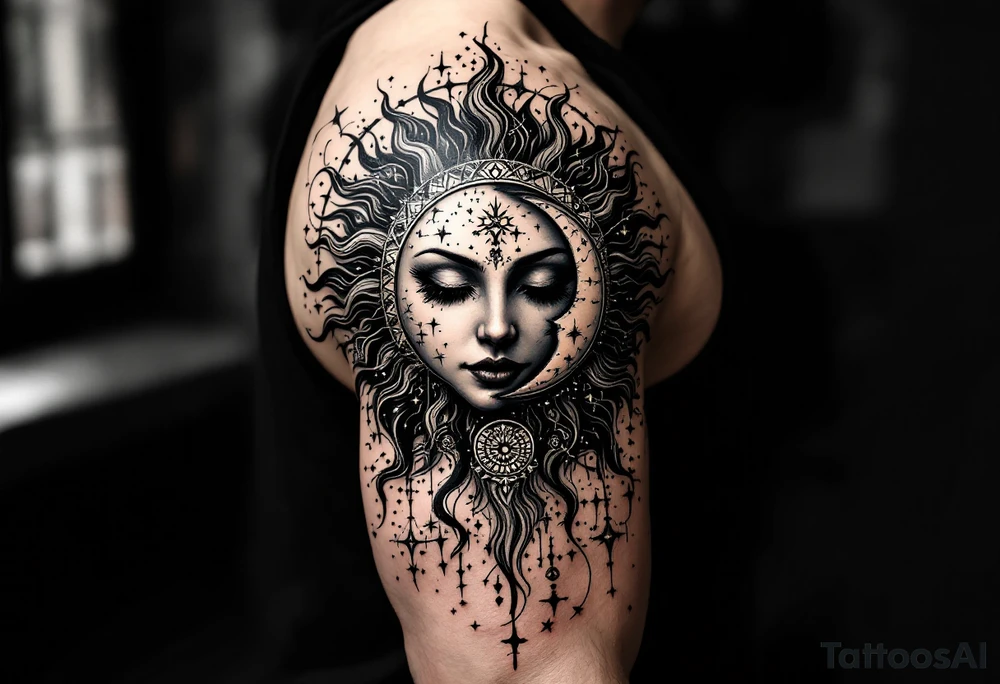 celestial sun and moon embrace with constellation patterns tattoo idea