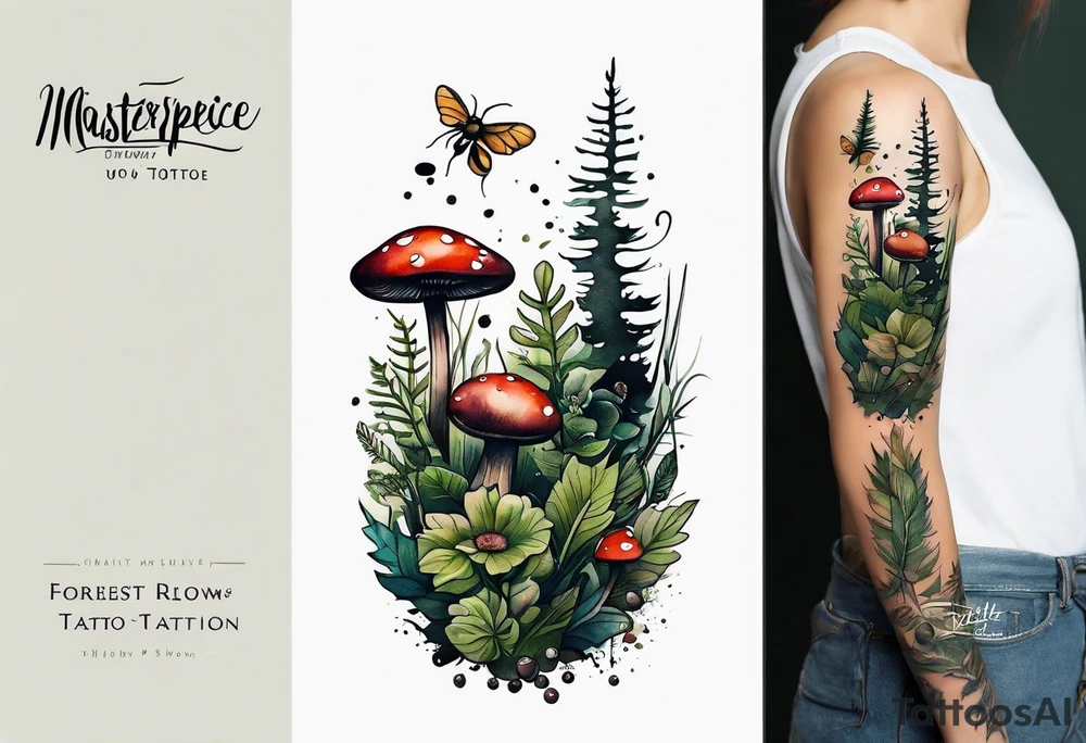 forest floor inspired minimalist tattoo, which includes grass, curly ferns, moss and dead leaves as the bulk of the tattoo. details to include: forest berries, a tiny bumblebee flying nearby, three small brown mushrooms
Generate a vertically long one tattoo idea