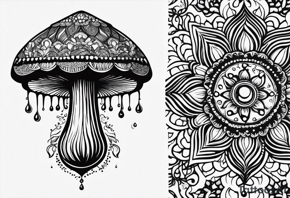 Shaggy cap mushroom dripping ink off cap mandala henna black tattoo design tattoo idea