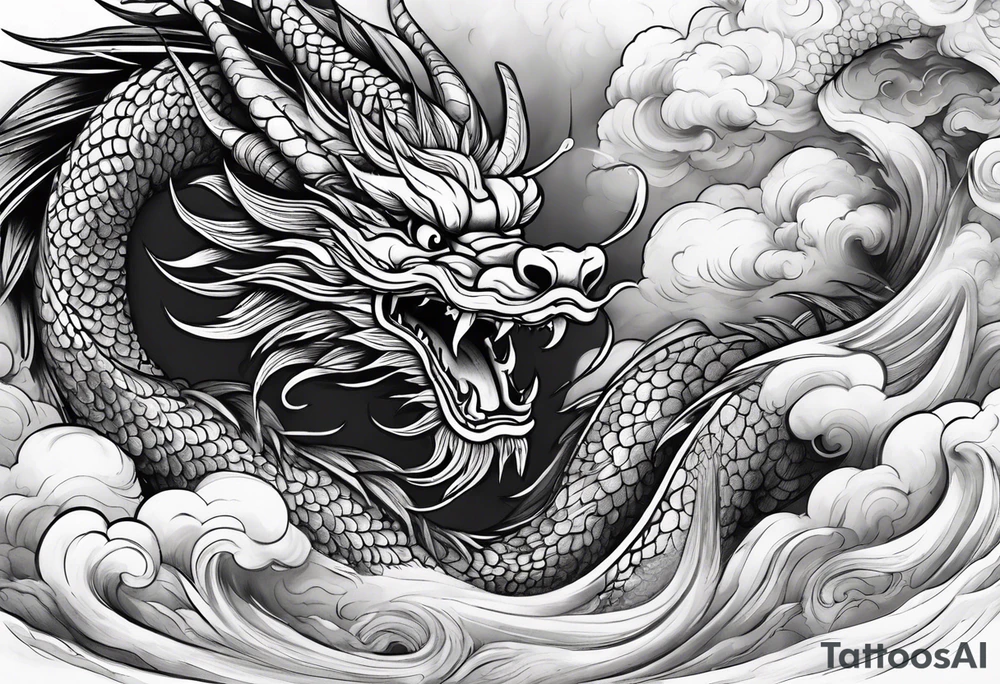 chinese dragon flying through a storm tattoo idea