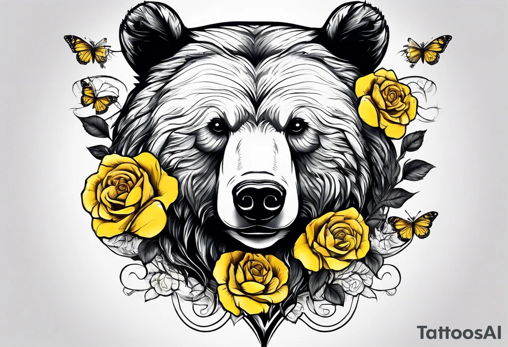 A bear with three yellow roses, three butterflies, and the tree of life tattoo idea