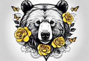 A bear with three yellow roses, three butterflies, and the tree of life tattoo idea