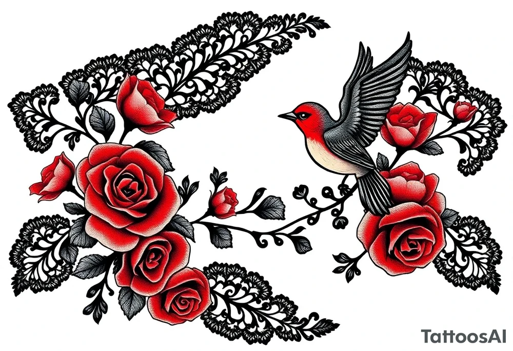 Vintage black lace, red roses, red birds, vintage, wrap around, tighter together, no space open tattoo idea