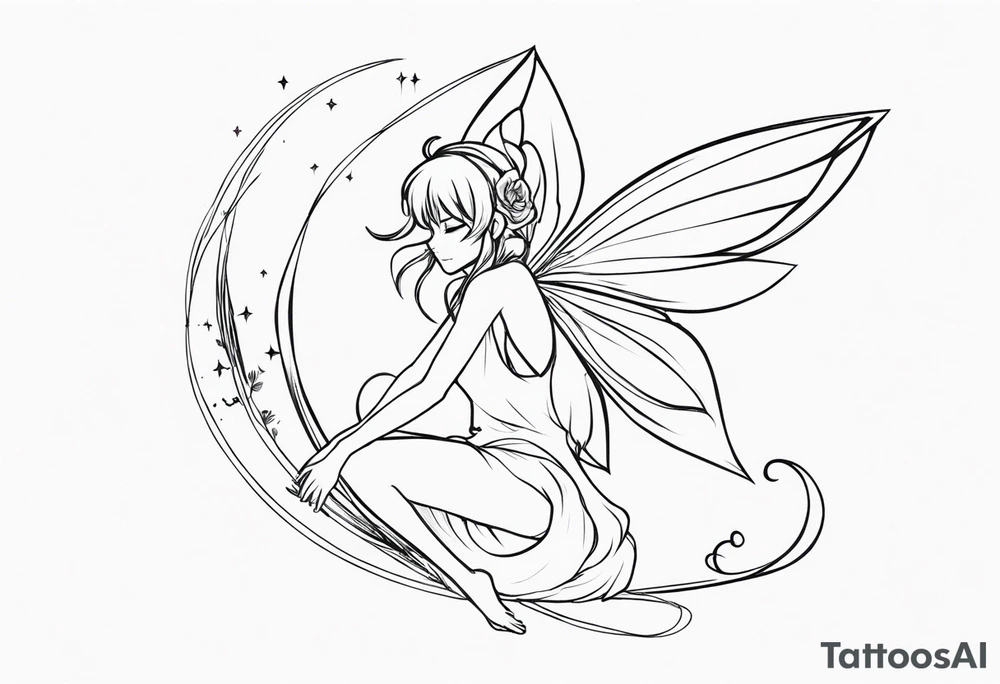 No color sketch of a fairy with a tail inspired by the guild symbol in the anime show called Fairy Tail in a fetal position leaning in and forward while crawled in hugging herself tattoo idea