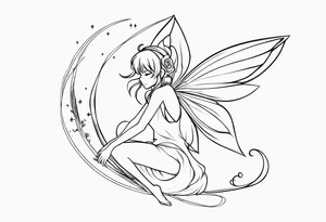 No color sketch of a fairy with a tail inspired by the guild symbol in the anime show called Fairy Tail in a fetal position leaning in and forward while crawled in hugging herself tattoo idea