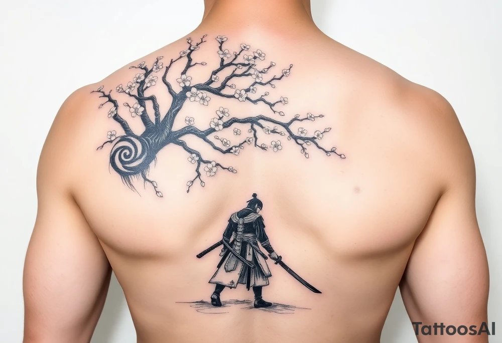 Ronin samurai standing under cherry blossom tree tattoo idea