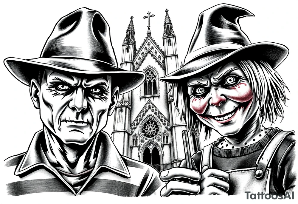 Jason Freddy and chucky looking sinister. An old gothic church is in the back ground. tattoo idea