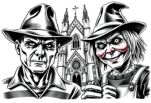 Jason Freddy and chucky looking sinister. An old gothic church is in the back ground. tattoo idea