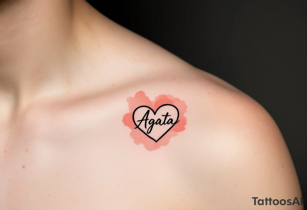 A black heart outline with the name "Agata" written inside, surrounded by a faded watercolor gradient of soft peach and red tones. tattoo idea