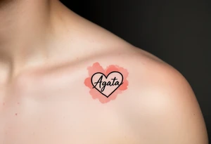 A black heart outline with the name "Agata" written inside, surrounded by a faded watercolor gradient of soft peach and red tones. tattoo idea