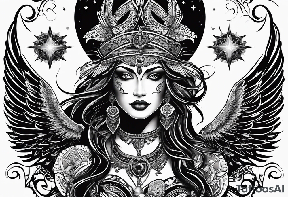 black kali, goddess pirate, alien, angel, pachamama, valkrye, warrior, flying, skull, lotus azul, wing, eagle, zenza resonance, stars, 5D, anahata chakra tattoo idea