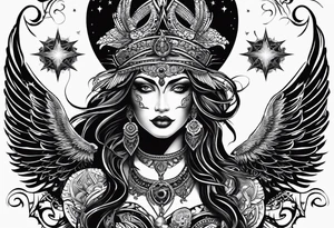 black kali, goddess pirate, alien, angel, pachamama, valkrye, warrior, flying, skull, lotus azul, wing, eagle, zenza resonance, stars, 5D, anahata chakra tattoo idea