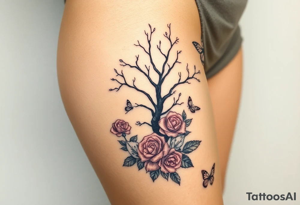 a big clock, big poisoned tree, big and small roses, big and small butterflies tattoo idea