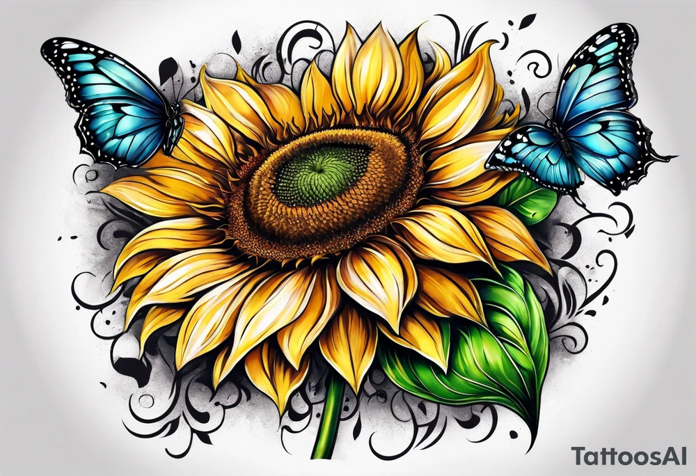 Sunflower and butterfly leg sleeve tattoo idea