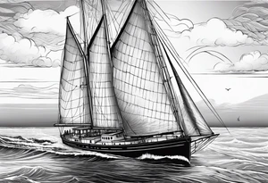 voilier vue de face. phare maritime fixé au centre du voilier et utilisé comme un mat pour les voiles. tattoo idea