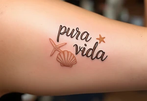 Beachy “Pura Vida” in brown ink with a tan seashell and starfish sketched in pastel peach. tattoo idea
