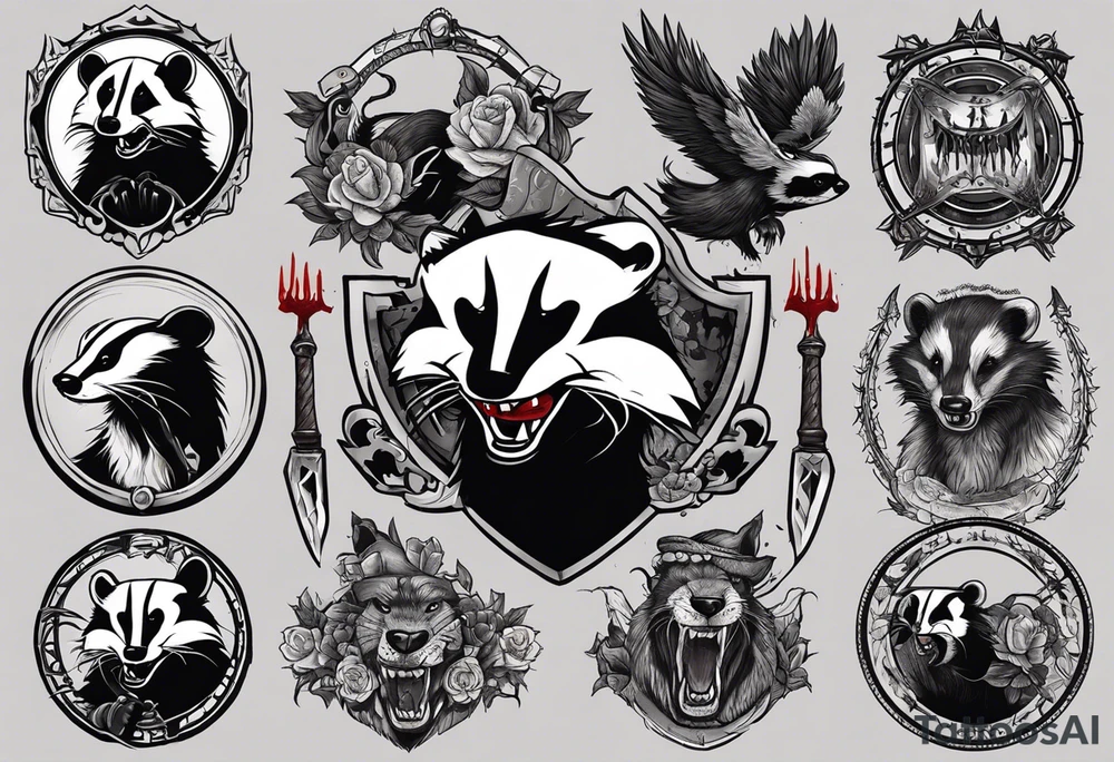 Draw me psychopath badger with aggressive full body, killer face with a smile, very long nails and he attacks like a Bloody Gladiator to enemy and also, he has very deadly looking. The only weapon is his braveness he fights with his nails. Everybody scares after their first sight. And horror type Badger this is with a full body. tattoo idea