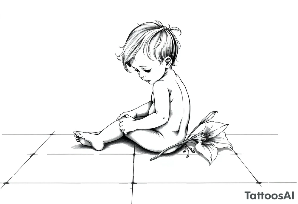 A simple tile floor with a minimalist curled child sitting on the floor with a lily next to her tattoo idea