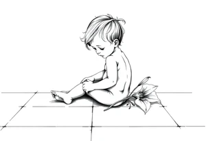 A simple tile floor with a minimalist curled child sitting on the floor with a lily next to her tattoo idea