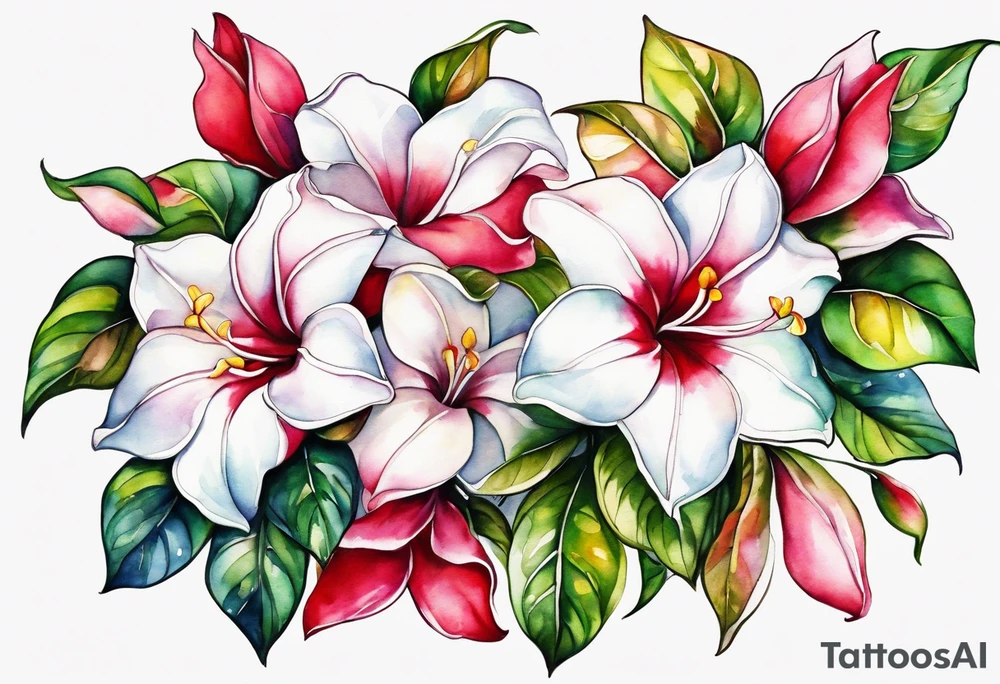 white background, abstract mandevilla flowers on a vine, part of it watercolor, part of it just line work tattoo idea