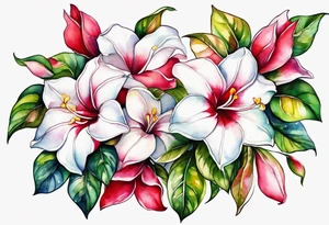 white background, abstract mandevilla flowers on a vine, part of it watercolor, part of it just line work tattoo idea