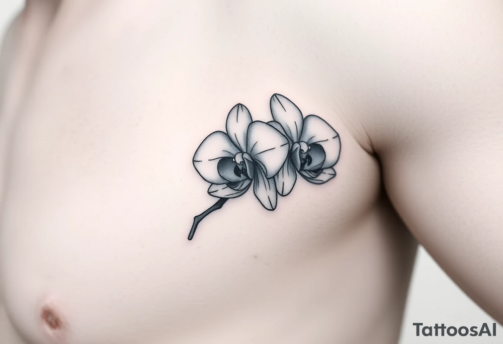 A delicate, black and white fine-line tattoo for make, featuring a gracefully detailed orchid stem with two flowers in full bloom, with soft, intricate petals and elegant curves tattoo idea