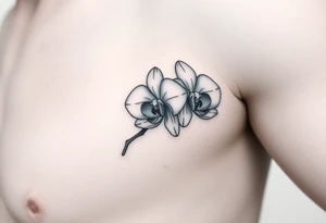 A delicate, black and white fine-line tattoo for make, featuring a gracefully detailed orchid stem with two flowers in full bloom, with soft, intricate petals and elegant curves tattoo idea