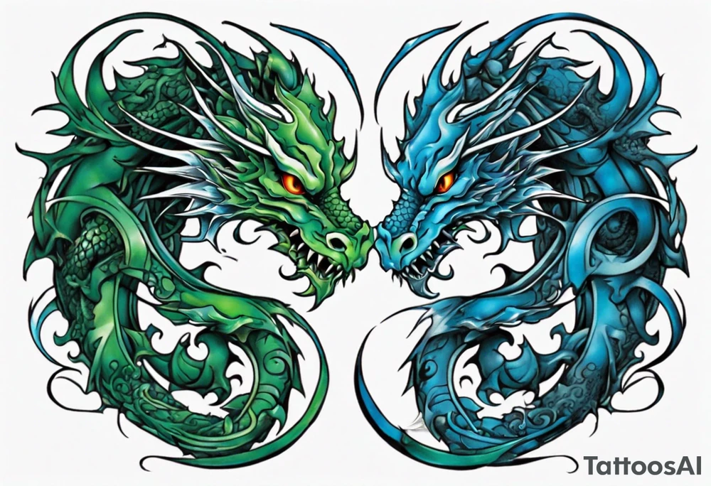 ying yang dragon half blue half green tattoo idea