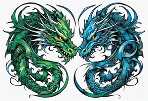 ying yang dragon half blue half green tattoo idea