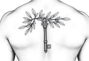 A metal key wrapped in olive leaves on the left arm tattoo idea