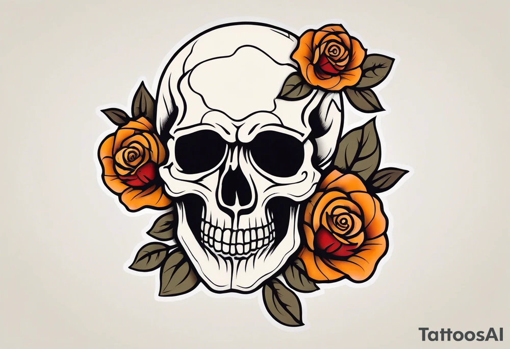 traditional Knee tattoo in fall colors showing a large skull with a rose in the style of Mark Mahoney tattoo idea