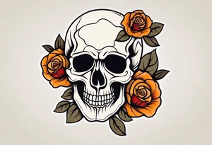 traditional Knee tattoo in fall colors showing a large skull with a rose in the style of Mark Mahoney tattoo idea