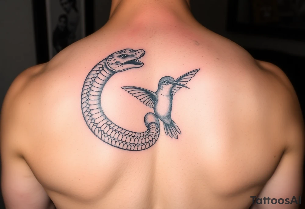 powerful beautiful snake holds hummingbird tattoo idea