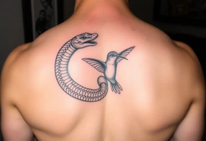 powerful beautiful snake holds hummingbird tattoo idea