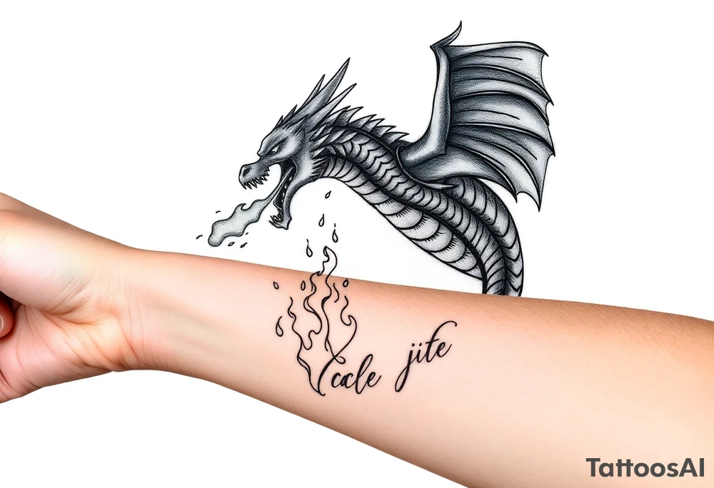 fierce dragon breathing iridescent fire against stormy skies tattoo idea