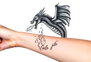fierce dragon breathing iridescent fire against stormy skies tattoo idea
