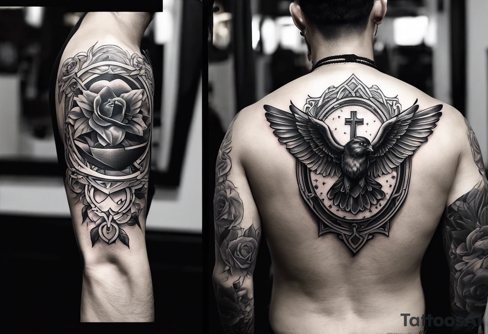 An aesthetic but unpretentious tattoo that is placed on the upper back of a male. It should represent catholic religion, discipline, pain and the love to animals. tattoo idea