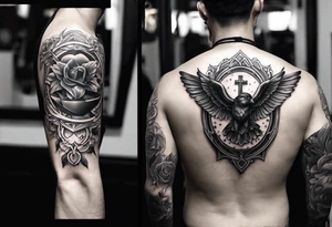 An aesthetic but unpretentious tattoo that is placed on the upper back of a male. It should represent catholic religion, discipline, pain and the love to animals. tattoo idea