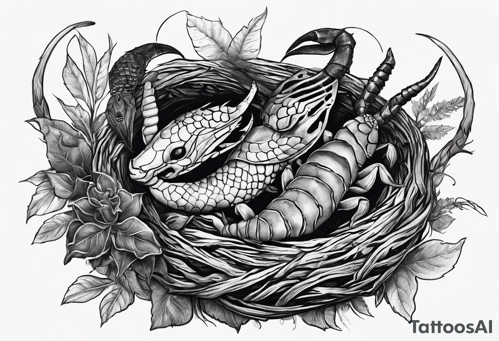 Two pisces and a Capricorn in a nest with a giant scorpion looking over them from above tattoo idea